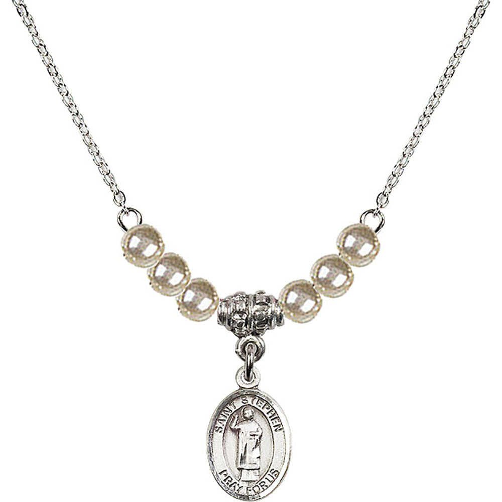 Sterling Silver Saint Stephen the Martyr Birthstone Necklace with Faux-Pearl Beads - 9104