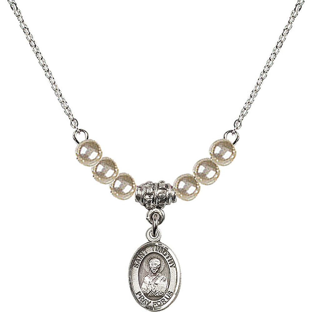 Sterling Silver Saint Timothy Birthstone Necklace with Faux-Pearl Beads - 9105