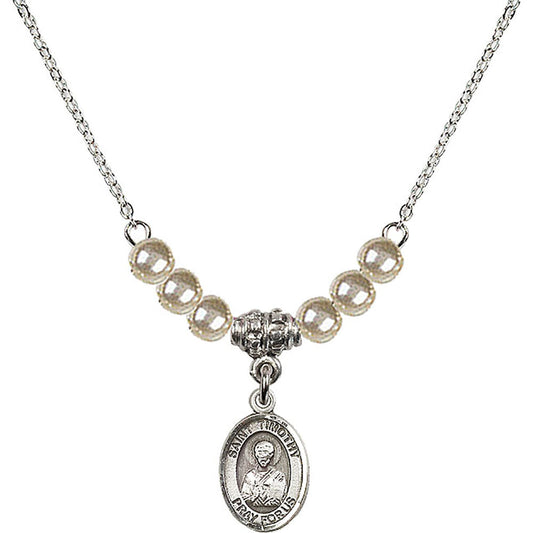 Sterling Silver Saint Timothy Birthstone Necklace with Faux-Pearl Beads - 9105
