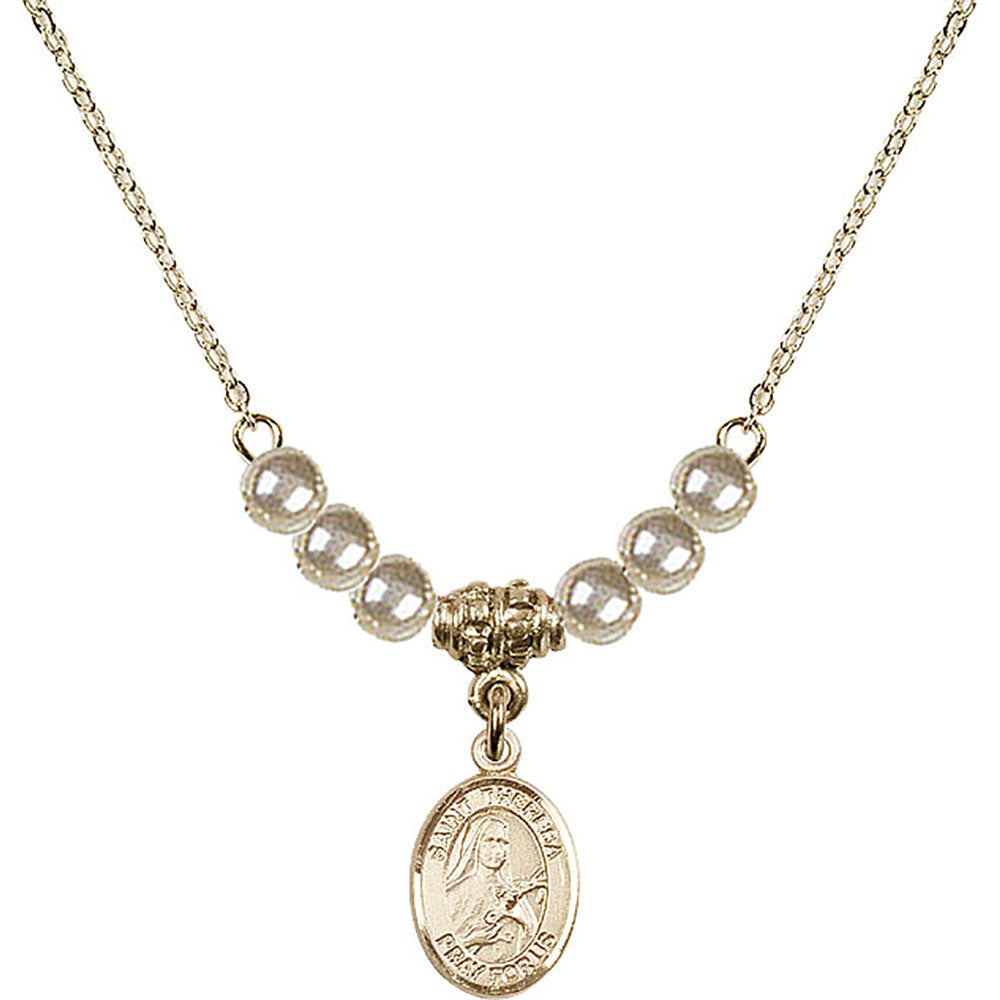 14kt Gold Filled Saint Theresa Birthstone Necklace with Faux-Pearl Beads - 9106