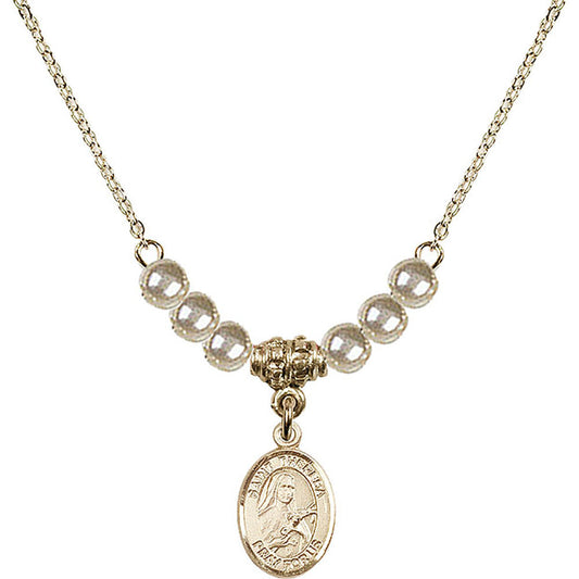 14kt Gold Filled Saint Theresa Birthstone Necklace with Faux-Pearl Beads - 9106