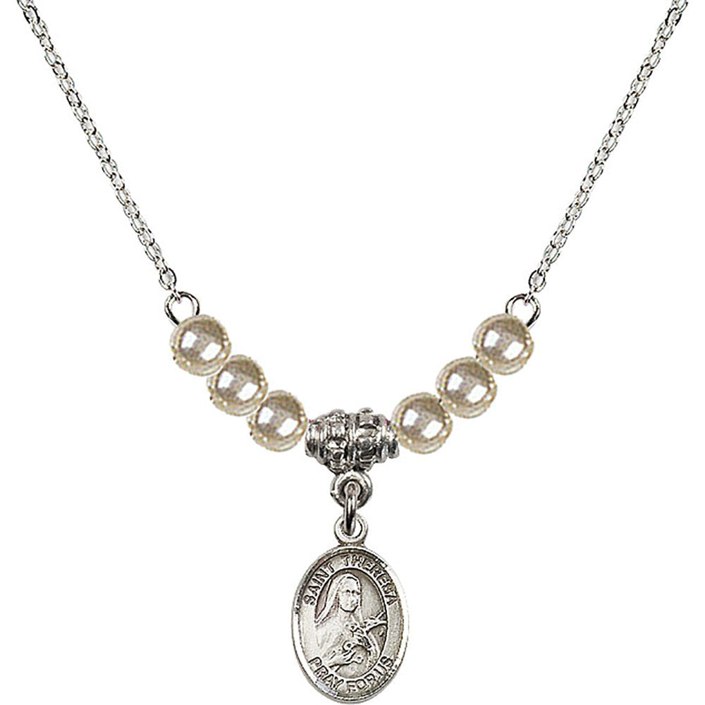 Sterling Silver Saint Theresa Birthstone Necklace with Faux-Pearl Beads - 9106