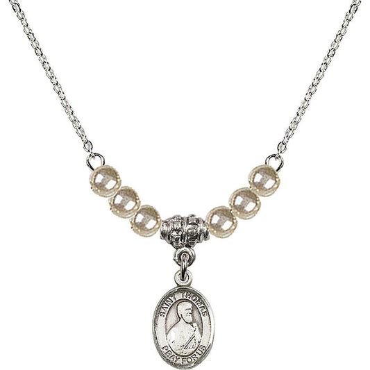 Sterling Silver Saint Thomas the Apostle Birthstone Necklace with Faux-Pearl Beads - 9107
