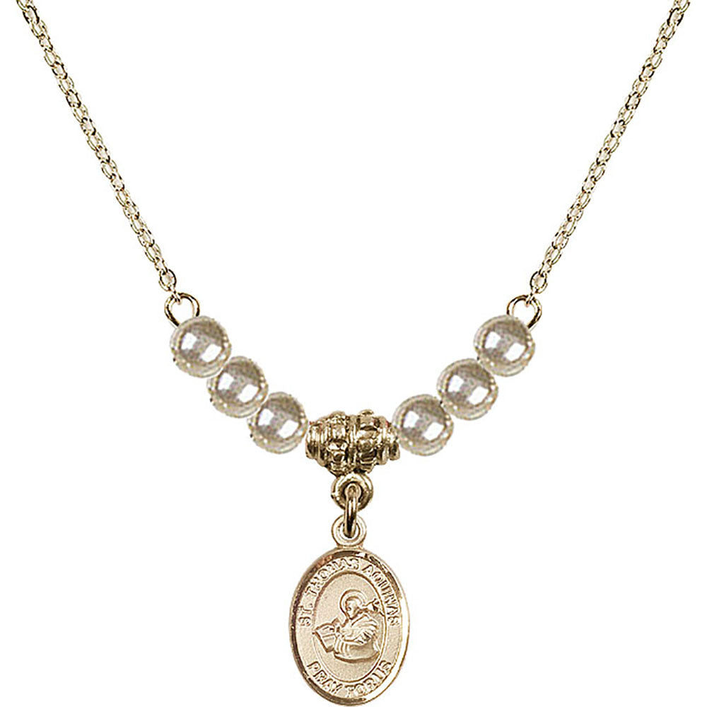 14kt Gold Filled Saint Thomas Aquinas Birthstone Necklace with Faux-Pearl Beads - 9108
