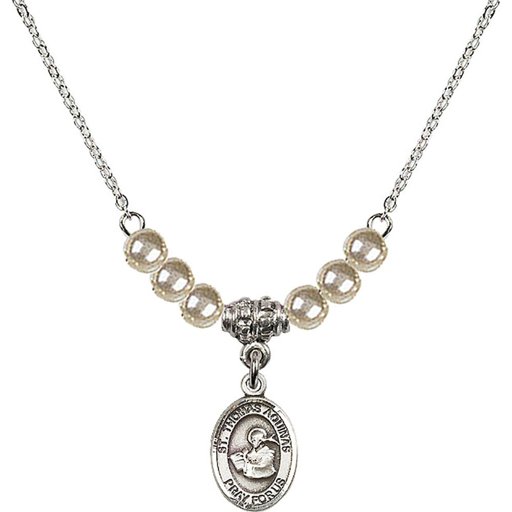 Sterling Silver Saint Thomas Aquinas Birthstone Necklace with Faux-Pearl Beads - 9108