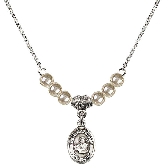 Sterling Silver Saint Thomas Aquinas Birthstone Necklace with Faux-Pearl Beads - 9108