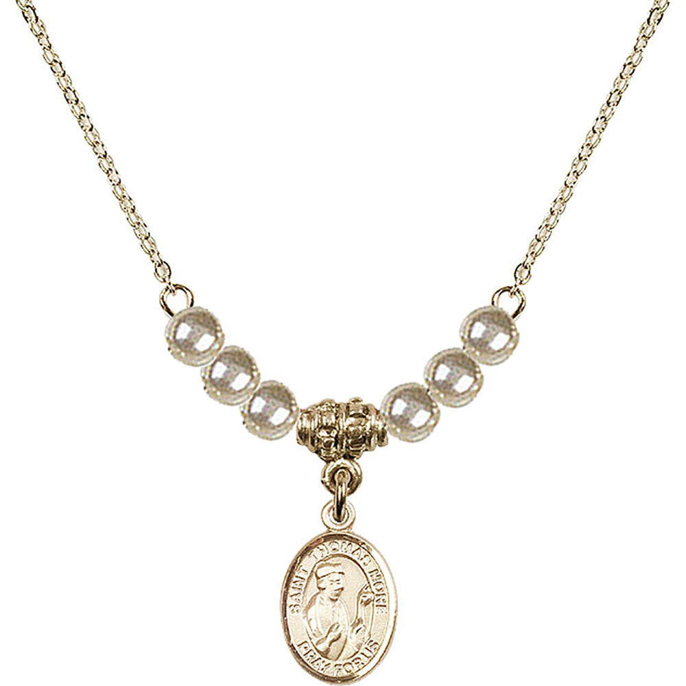 14kt Gold Filled Saint Thomas More Birthstone Necklace with Faux-Pearl Beads - 9109