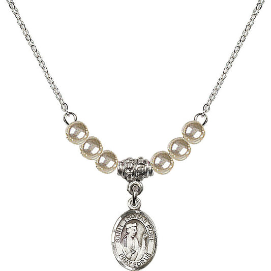 Sterling Silver Saint Thomas More Birthstone Necklace with Faux-Pearl Beads - 9109