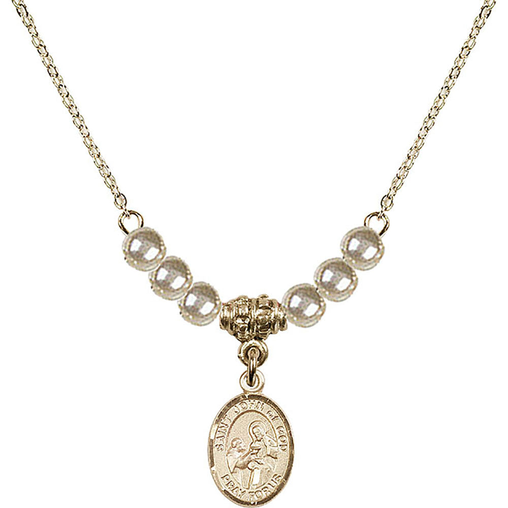 14kt Gold Filled Saint John of God Birthstone Necklace with Faux-Pearl Beads - 9112