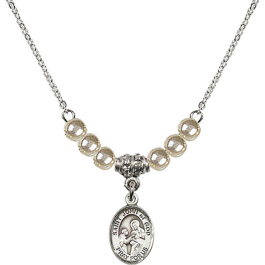 Sterling Silver Saint John of God Birthstone Necklace with Faux-Pearl Beads - 9112