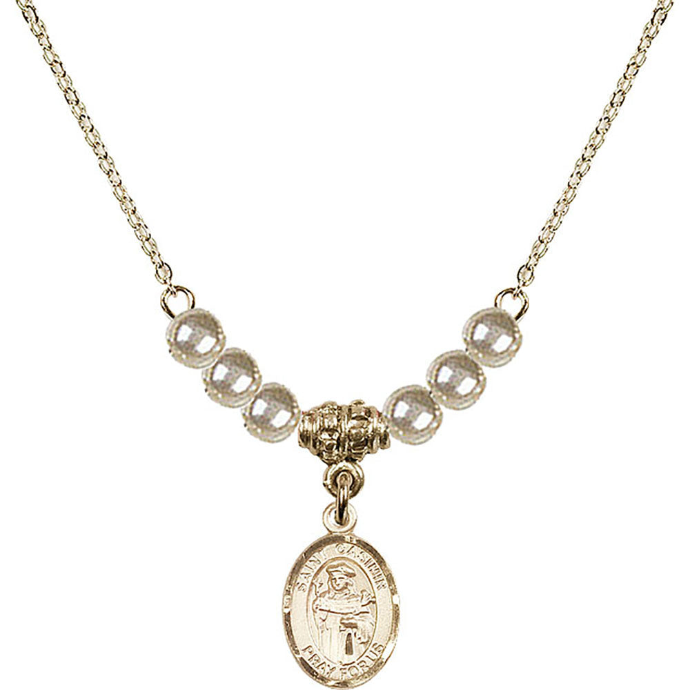 14kt Gold Filled Saint Casimir of Poland Birthstone Necklace with Faux-Pearl Beads - 9113