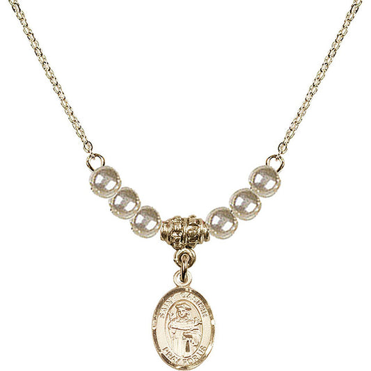 14kt Gold Filled Saint Casimir of Poland Birthstone Necklace with Faux-Pearl Beads - 9113