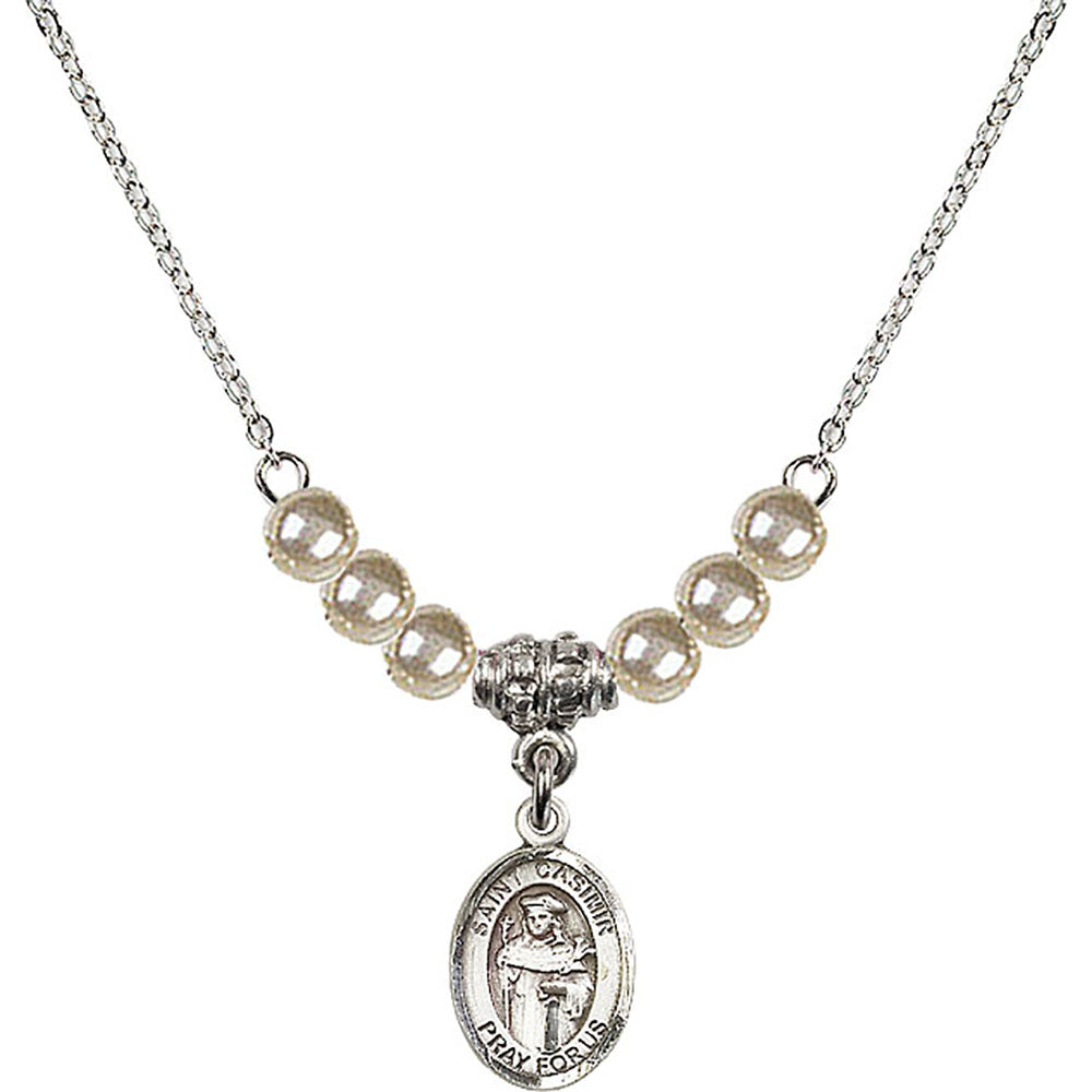 Sterling Silver Saint Casimir of Poland Birthstone Necklace with Faux-Pearl Beads - 9113