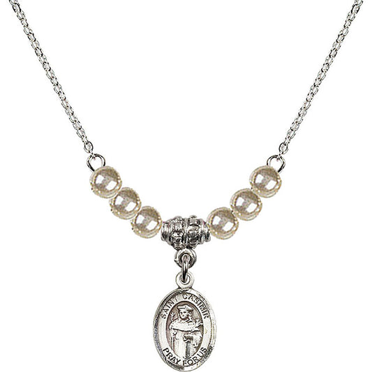 Sterling Silver Saint Casimir of Poland Birthstone Necklace with Faux-Pearl Beads - 9113