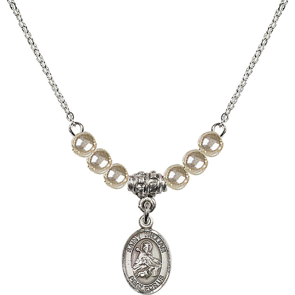 Sterling Silver Saint William of Rochester Birthstone Necklace with Faux-Pearl Beads - 9114