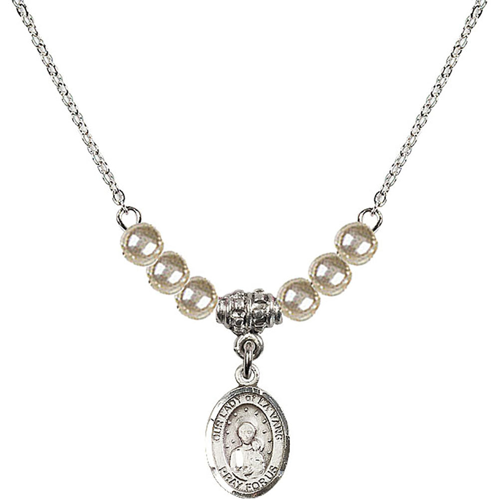 Sterling Silver Our Lady of la Vang Birthstone Necklace with Faux-Pearl Beads - 9115
