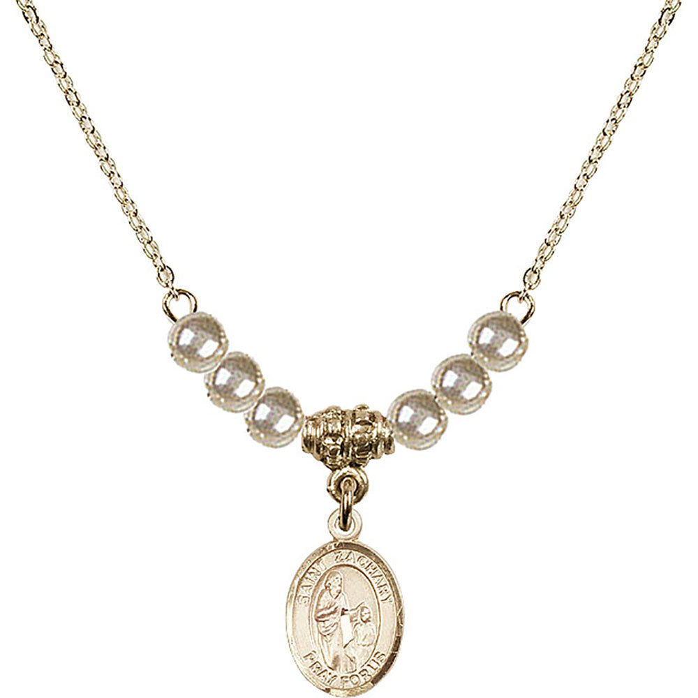 14kt Gold Filled Saint Zachary Birthstone Necklace with Faux-Pearl Beads - 9116