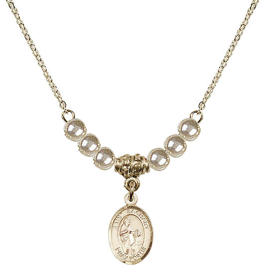 14kt Gold Filled Saint Zachary Birthstone Necklace with Faux-Pearl Beads - 9116