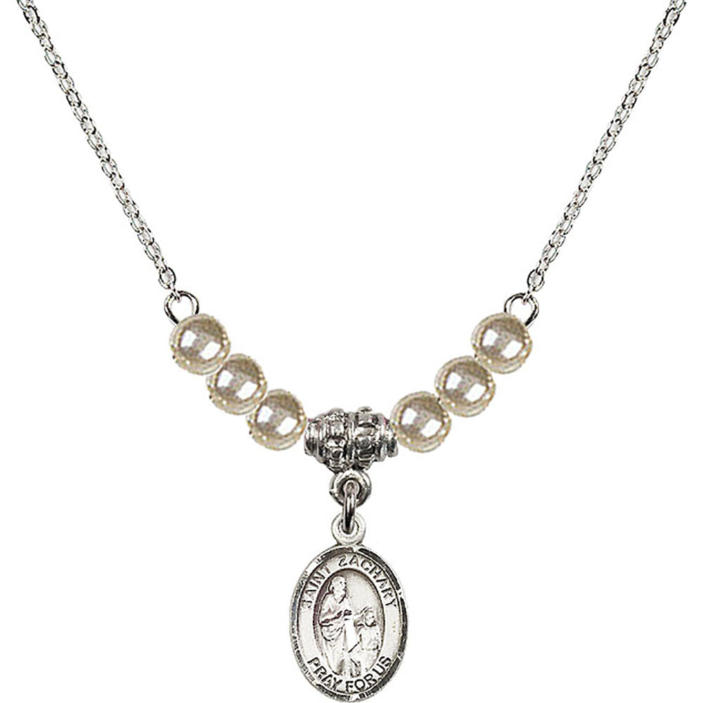 Sterling Silver Saint Zachary Birthstone Necklace with Faux-Pearl Beads - 9116