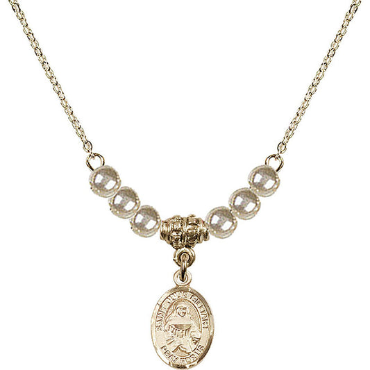 14kt Gold Filled Saint Julie Billiart Birthstone Necklace with Faux-Pearl Beads - 9117