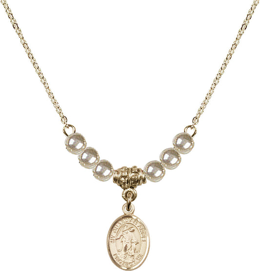14kt Gold Filled Guardian Angel w/Child Birthstone Necklace with Faux-Pearl Beads - 9118
