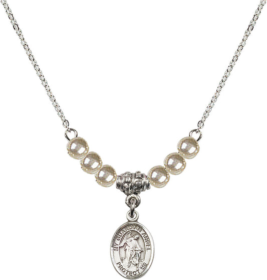 Sterling Silver Guardian Angel w/Child Birthstone Necklace with Faux-Pearl Beads - 9118