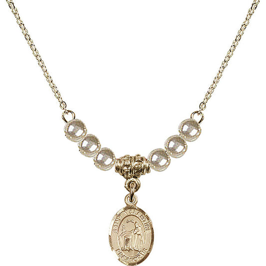 14kt Gold Filled Saint Valentine of Rome Birthstone Necklace with Faux-Pearl Beads - 9121