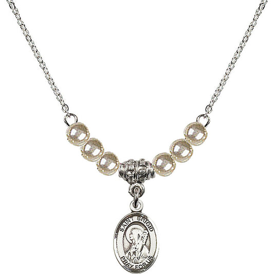 Sterling Silver Saint Brigid of Ireland Birthstone Necklace with Faux-Pearl Beads - 9123