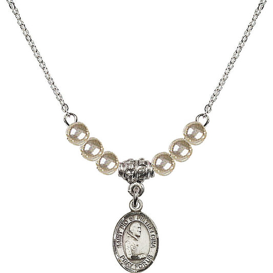 Sterling Silver Saint Pio of Pietrelcina Birthstone Necklace with Faux-Pearl Beads - 9125