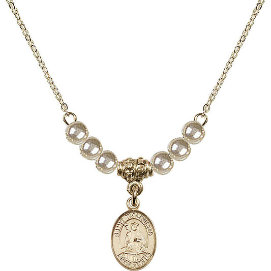 14kt Gold Filled Saint Walburga Birthstone Necklace with Faux-Pearl Beads - 9126