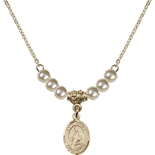 14kt Gold Filled Saint Agnes of Rome Birthstone Necklace with Faux-Pearl Beads - 9128