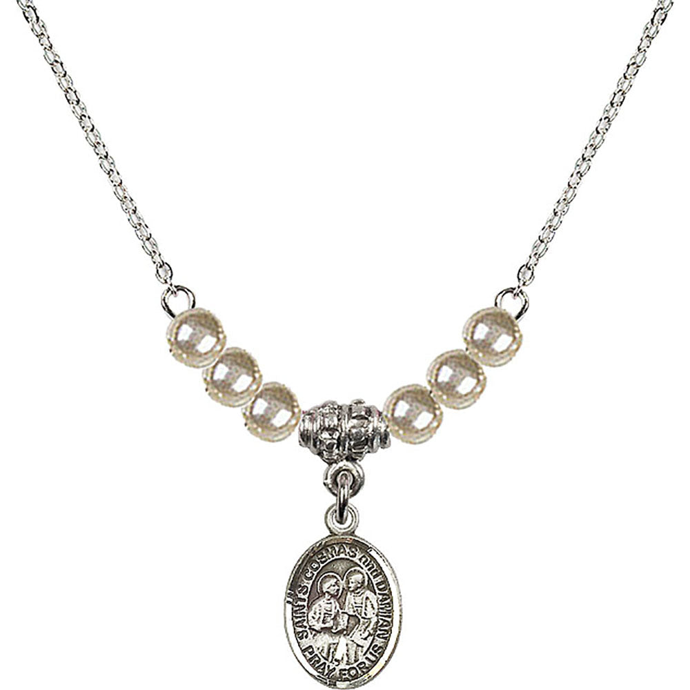 Sterling Silver Saints Cosmas & Damian Birthstone Necklace with Faux-Pearl Beads - 9132