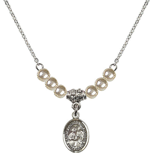Sterling Silver Saints Cosmas & Damian Birthstone Necklace with Faux-Pearl Beads - 9132