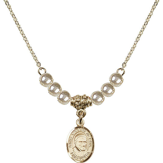 14kt Gold Filled Saint Vincent De Paul Birthstone Necklace with Faux-Pearl Beads - 9134