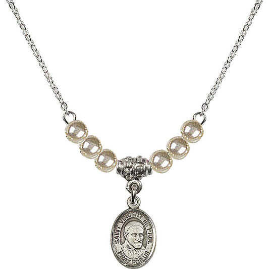 Sterling Silver Saint Vincent De Paul Birthstone Necklace with Faux-Pearl Beads - 9134