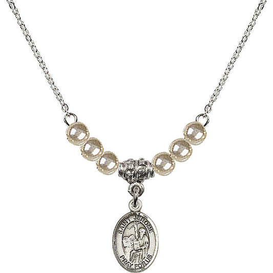 Sterling Silver Saint Jerome Birthstone Necklace with Faux-Pearl Beads - 9135