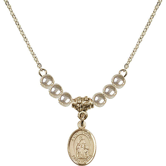 14kt Gold Filled Saint Sophia Birthstone Necklace with Faux-Pearl Beads - 9136