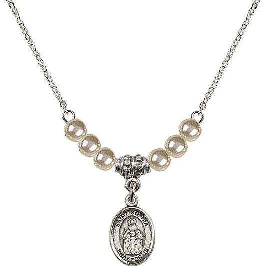 Sterling Silver Saint Sophia Birthstone Necklace with Faux-Pearl Beads - 9136