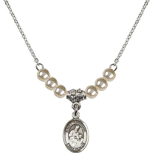 Sterling Silver Saint Ambrose Birthstone Necklace with Faux-Pearl Beads - 9137