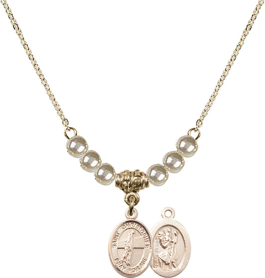 14kt Gold Filled Saint Christopher/Volleyball Birthstone Necklace with Faux-Pearl Beads - 9138