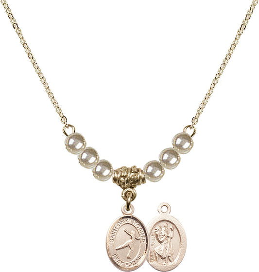 14kt Gold Filled Saint Christopher/Figure Skating Birthstone Necklace with Faux-Pearl Beads - 9139