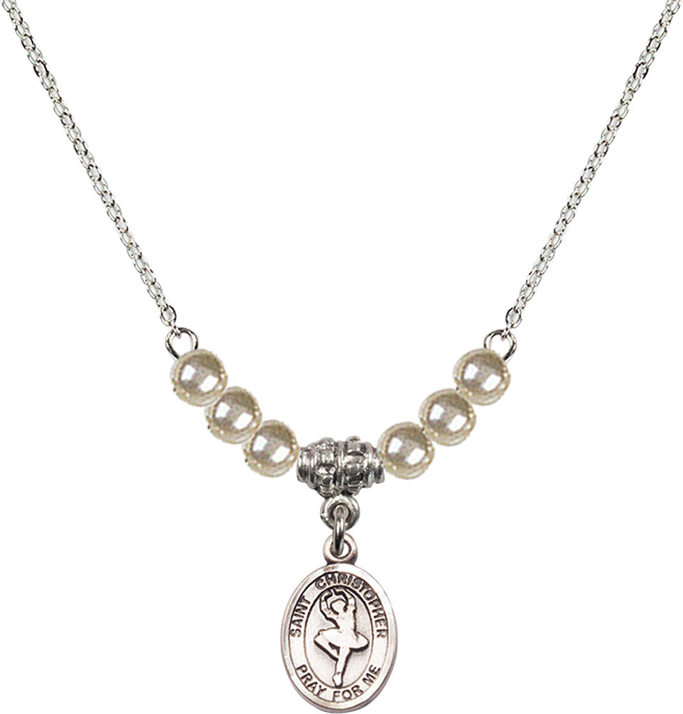 Sterling Silver Saint Christopher/Dance Birthstone Necklace with Faux-Pearl Beads - 9143