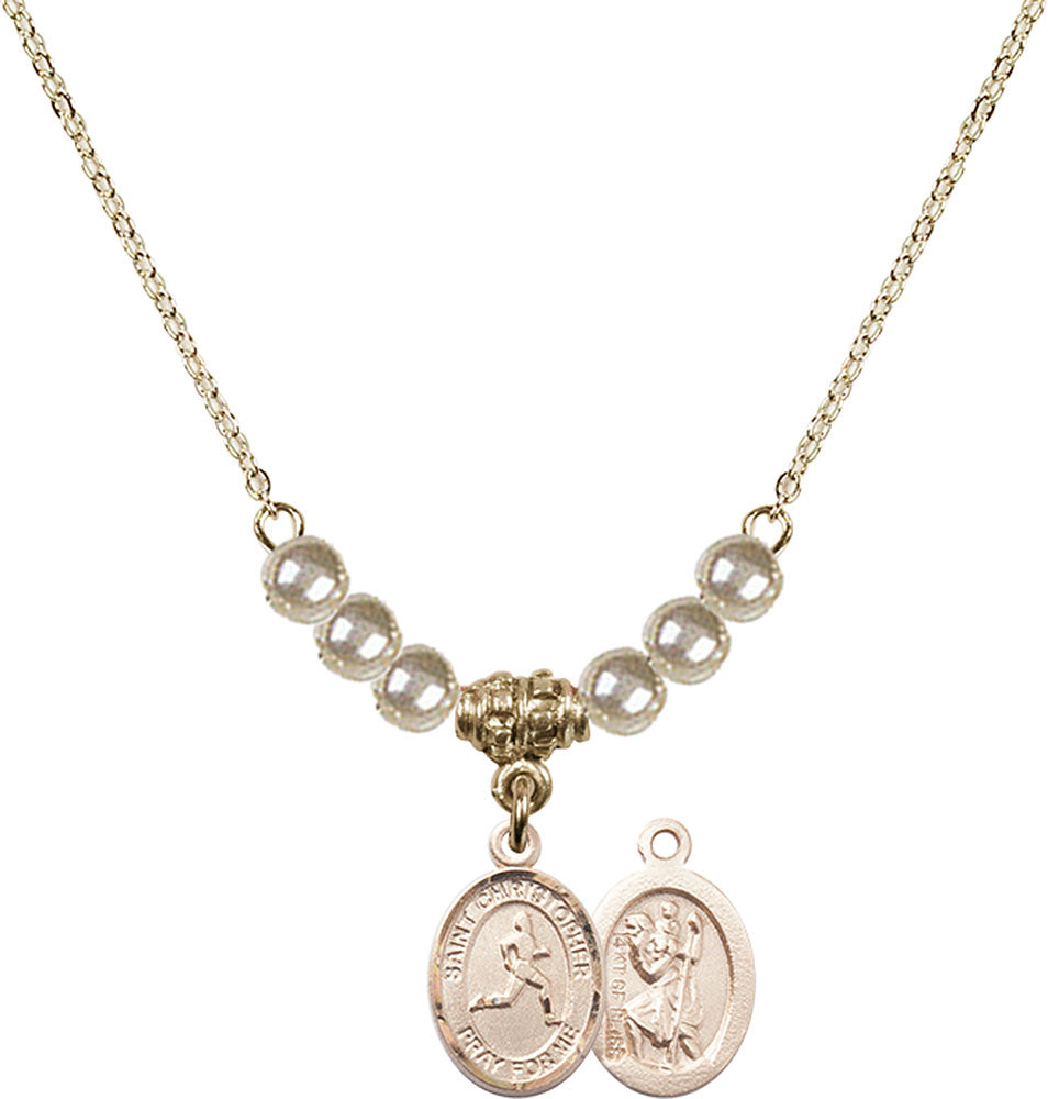 14kt Gold Filled Saint Christopher/Track & Field Birthstone Necklace with Faux-Pearl Beads - 9149