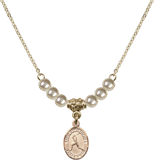 14kt Gold Filled Saint Christopher/Baseball Birthstone Necklace with Faux-Pearl Beads - 9150