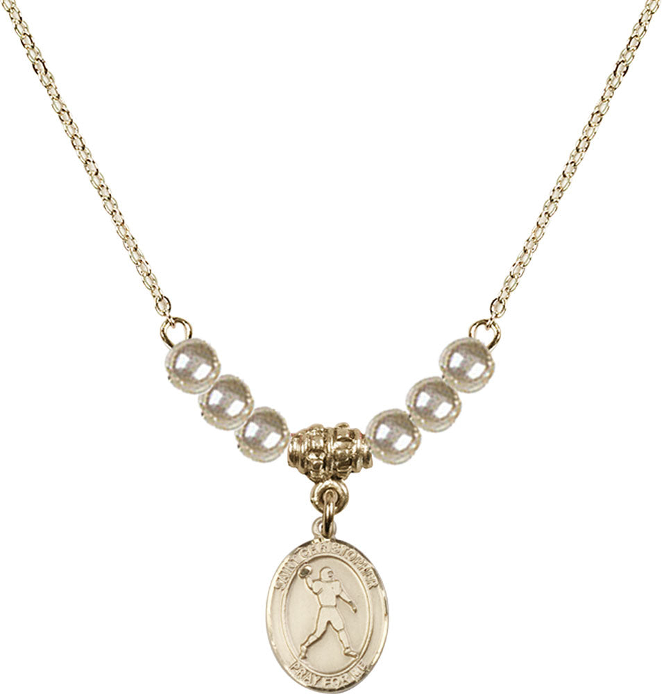 14kt Gold Filled Saint Christopher/Football Birthstone Necklace with Faux-Pearl Beads - 9151