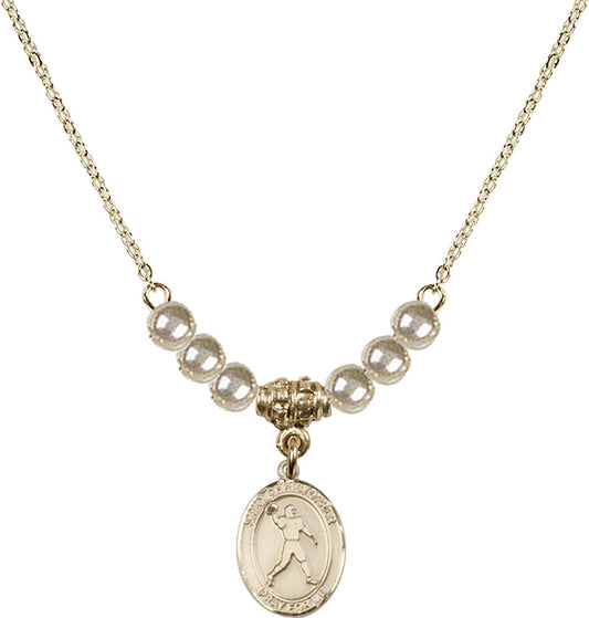 14kt Gold Filled Saint Christopher/Football Birthstone Necklace with Faux-Pearl Beads - 9151