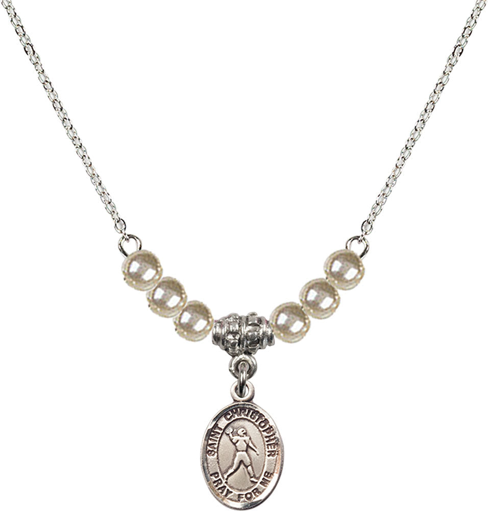Sterling Silver Saint Christopher/Football Birthstone Necklace with Faux-Pearl Beads - 9151