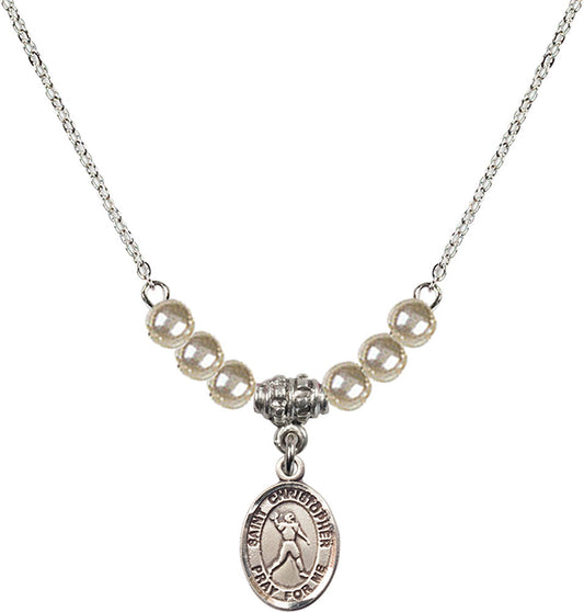 Sterling Silver Saint Christopher/Football Birthstone Necklace with Faux-Pearl Beads - 9151