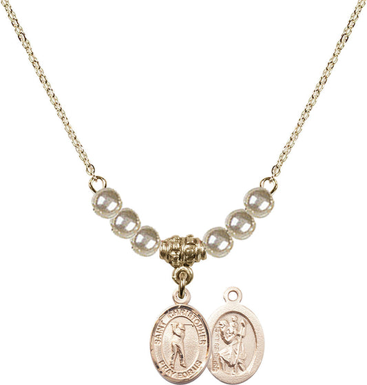 14kt Gold Filled Saint Christopher/Golf Birthstone Necklace with Faux-Pearl Beads - 9152