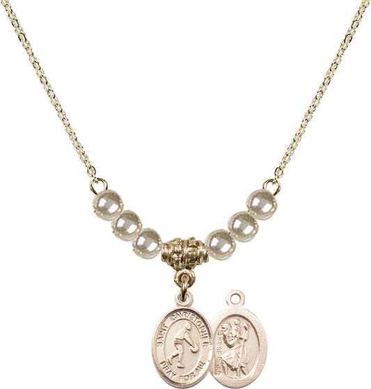 14kt Gold Filled Saint Christopher/Basketball Birthstone Necklace with Faux-Pearl Beads - 9153